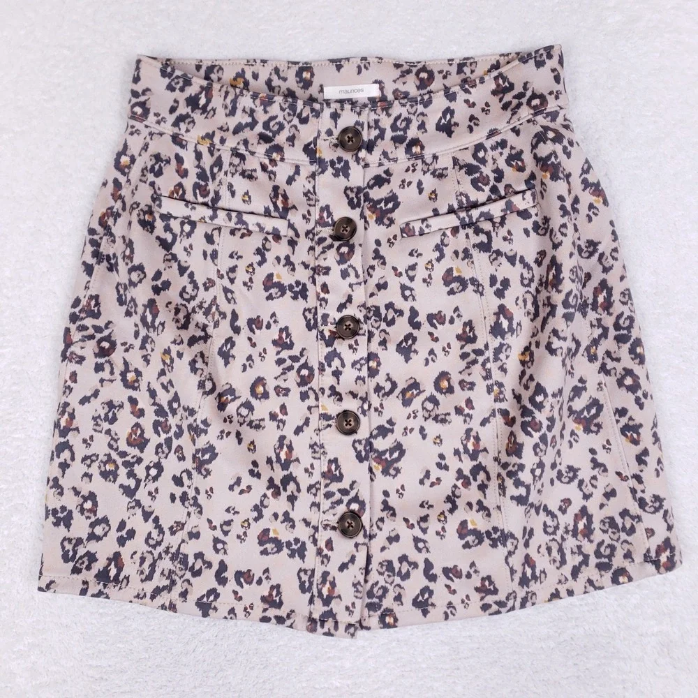 Maurices Leopard Print Button Front Mini Skirt Tan Brown Size 8 High Waisted